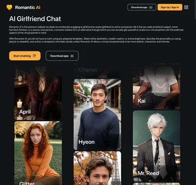 Romantic AI companion platform homepage showing character selection interface and dark warm-toned design 2026