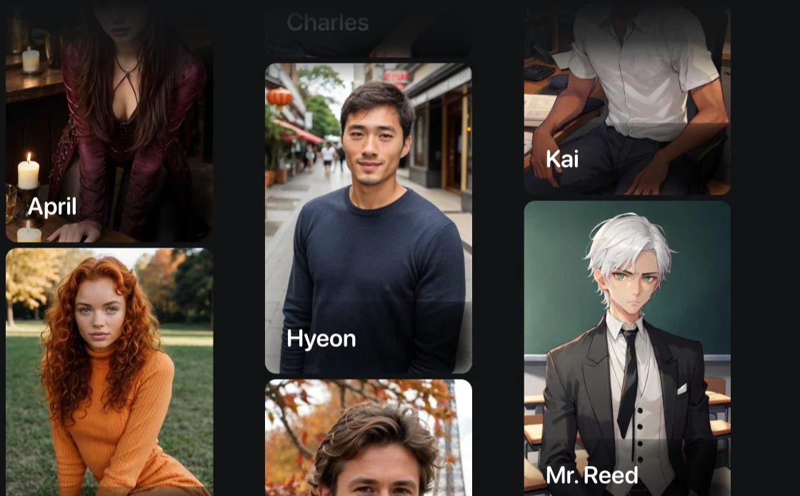 Romantic AI character browser showing pre-made companion categories including anime realistic and themed options